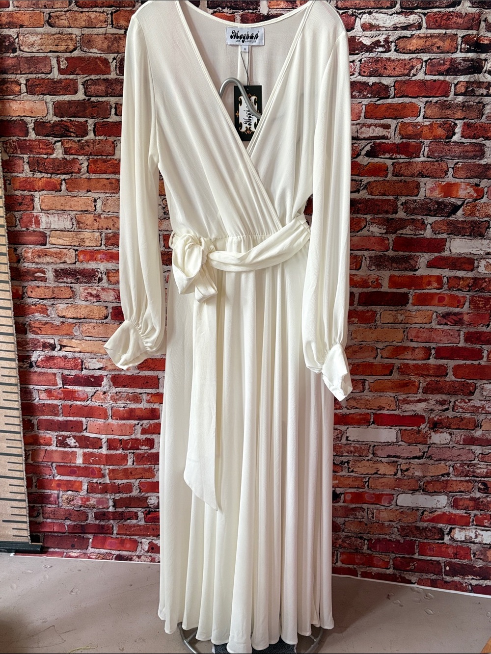 Meghan LA Lily Pad Ivory Maxi Wrap Dress Balloon Sleeves Pearl Button Medium